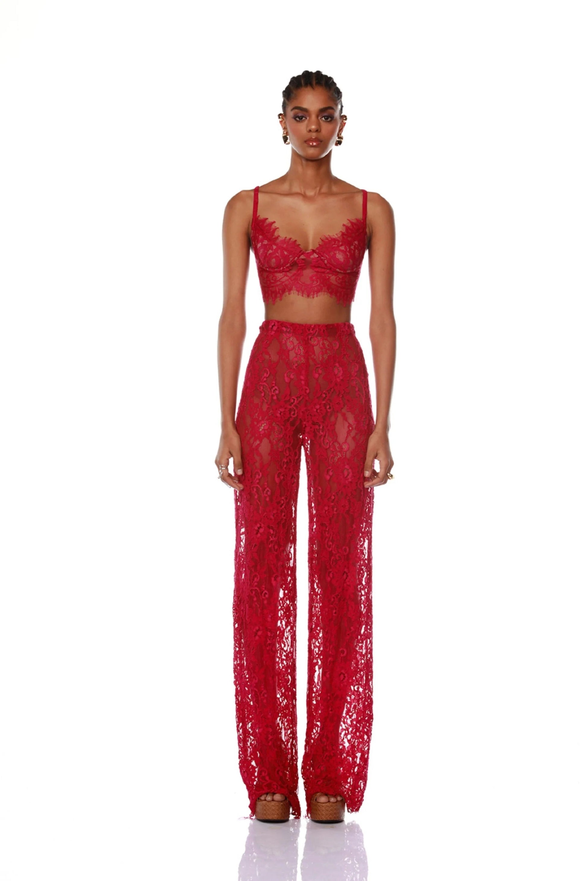 One-button suit, bra, flared trousers, three-piece suit, mesh lace dress