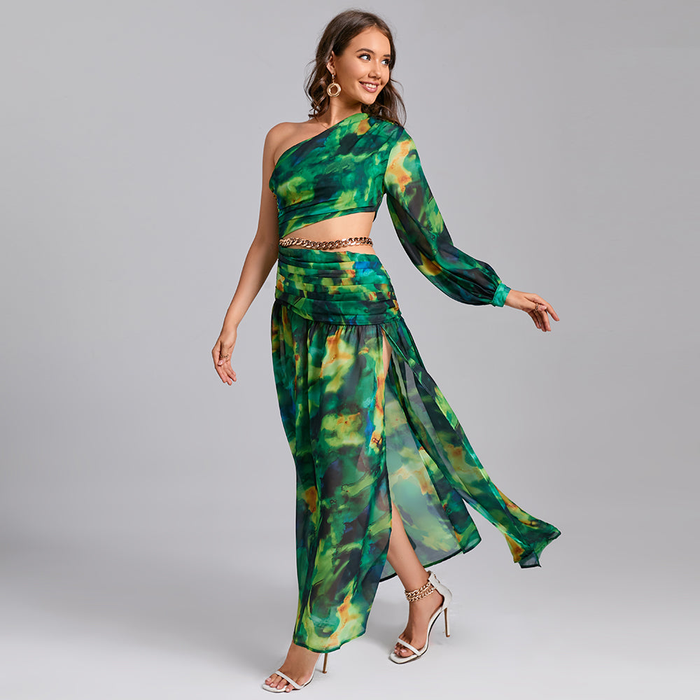 Spring and summer new oblique shoulder exposed waist sexy high fork printed dress