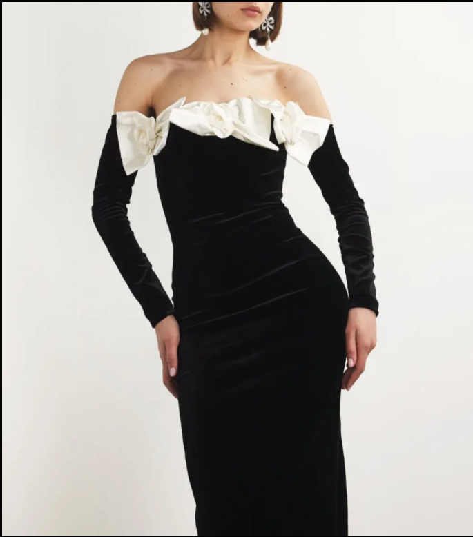 Yamaly Flower One Shoulder Maxi Dress - Black