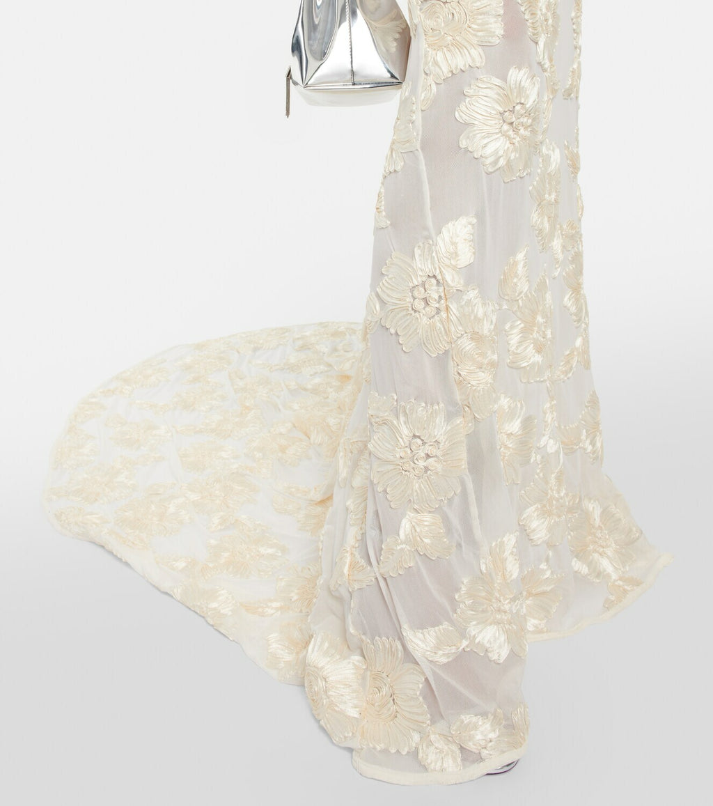 Deliyn Strapless Embroidery Flower Mesh Maxi Dress