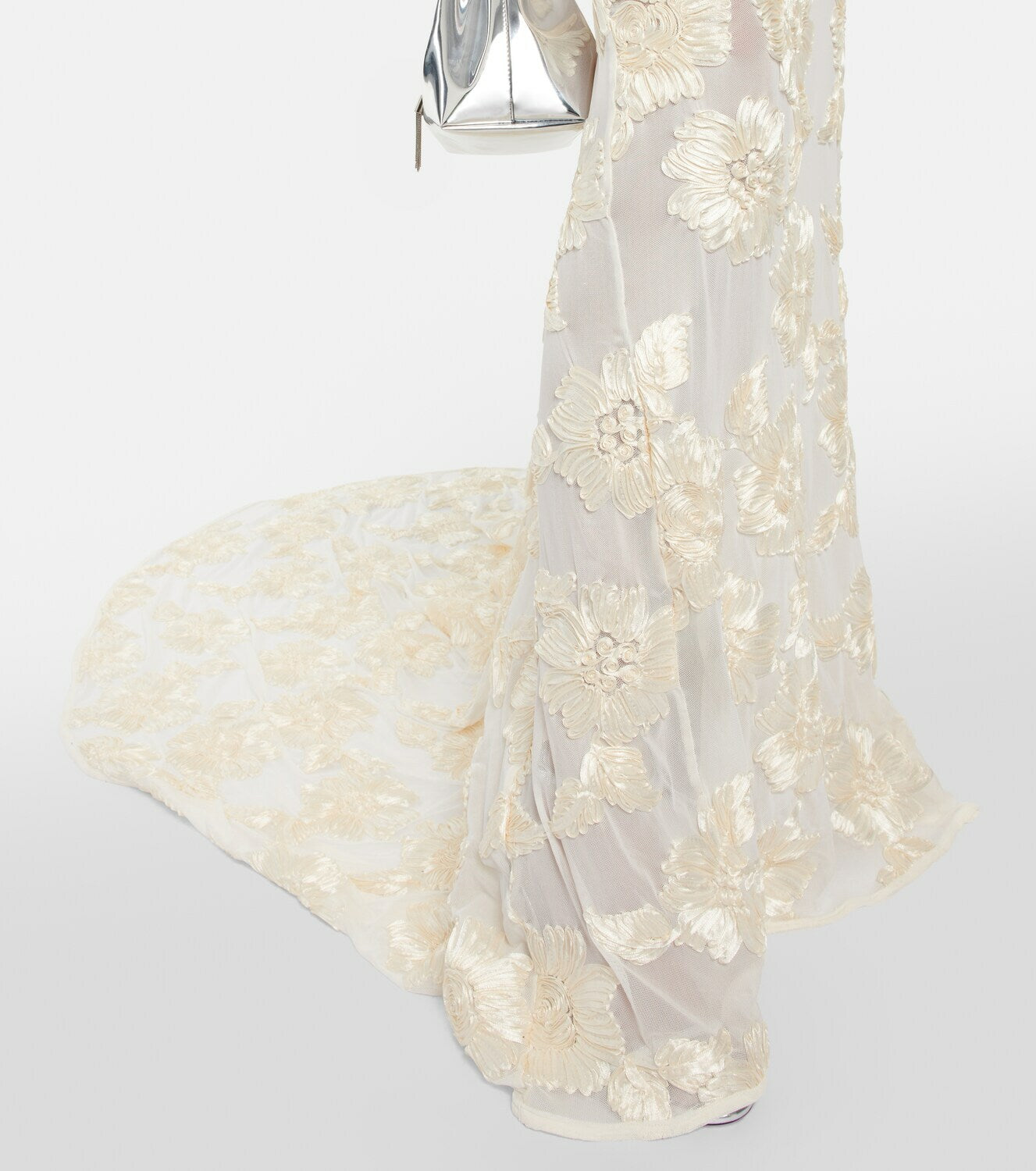 Deliyn Strapless Embroidery Flower Mesh Maxi Dress