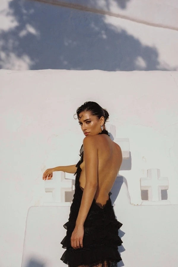 Sexy deep V halter neck lace slim fit evening dress