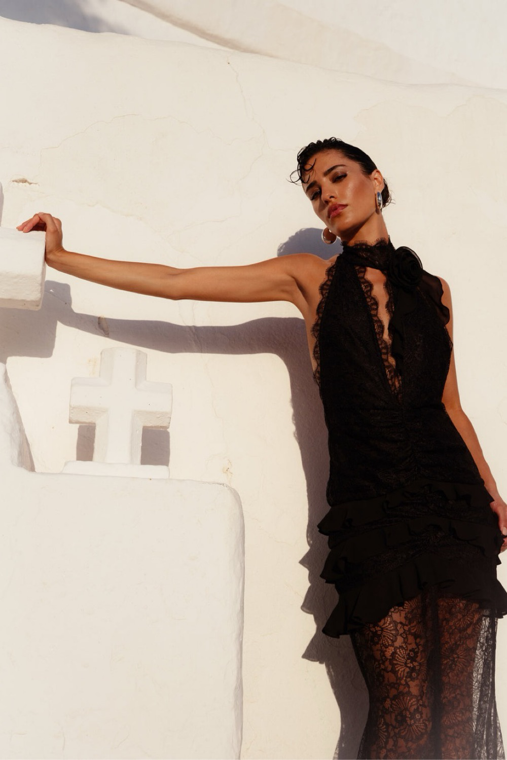 Sexy deep V halter neck lace slim fit evening dress