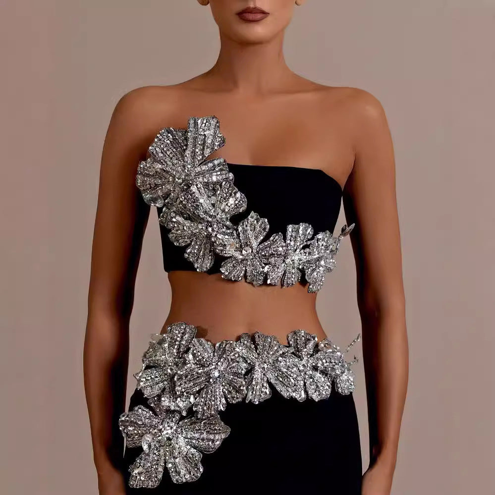 Diamond-embellished strapless top and high-waisted skirt, a two-piece party dress