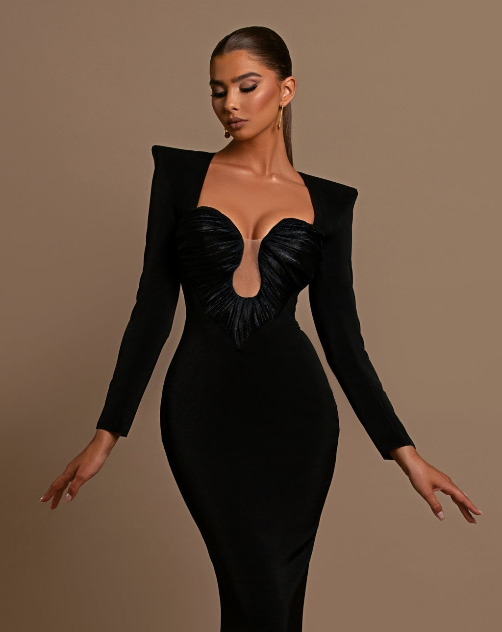 Blace long-sleeved square-neck solid-color evening gown dress