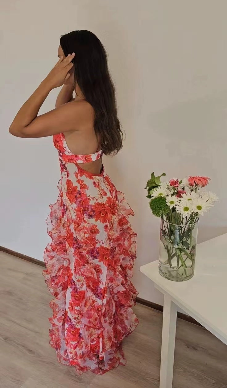 Floral low-cut French summer sundress maxi dress