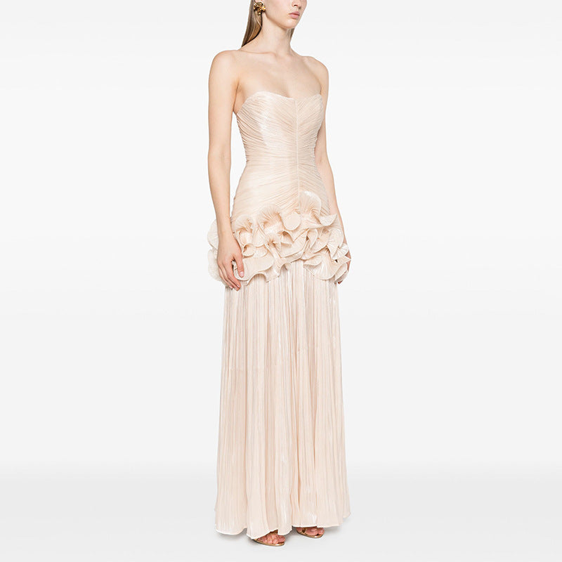 French-style elegant evening gown, sleeveless strapless, sophisticated patchwork long dress