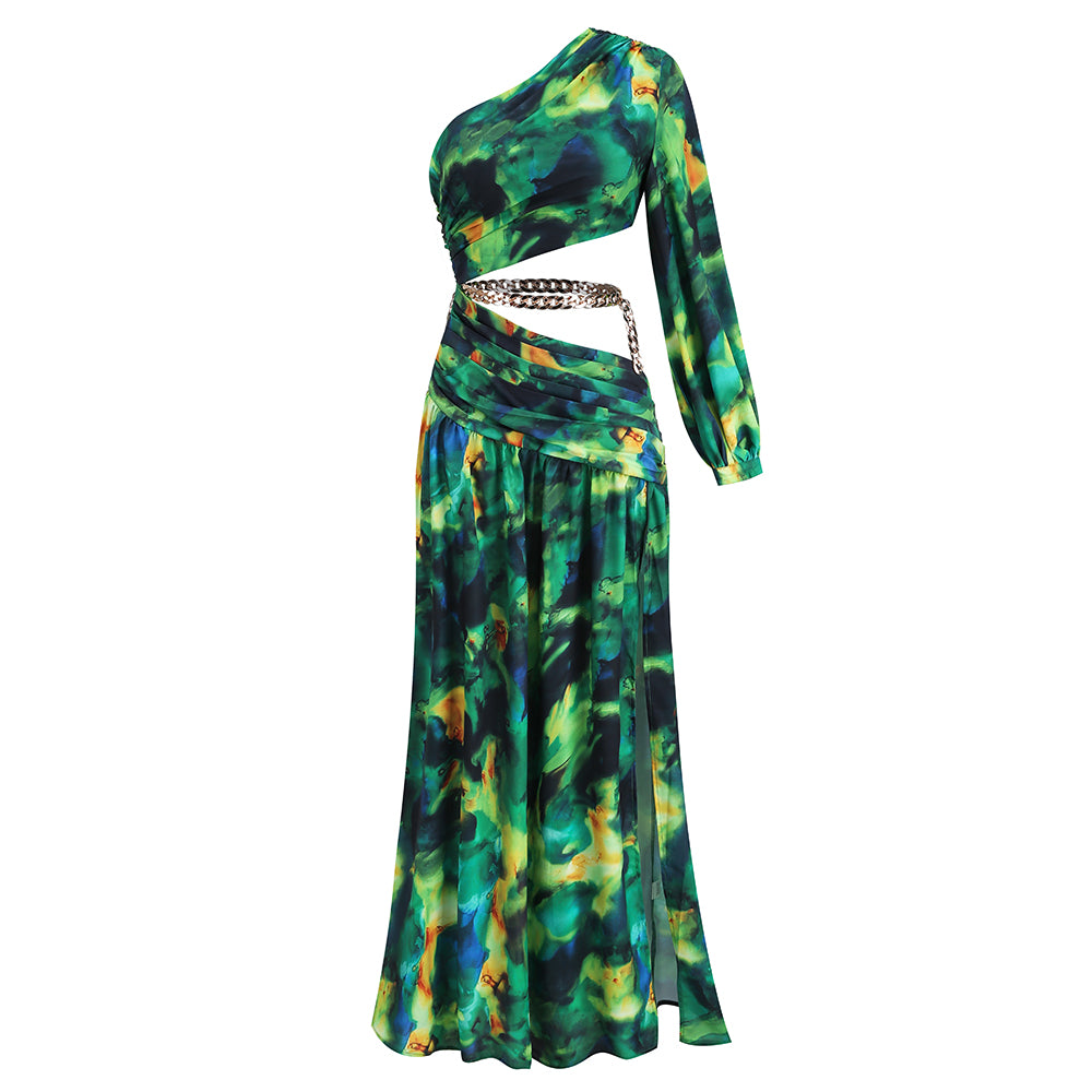 Spring and summer new oblique shoulder exposed waist sexy high fork printed dress