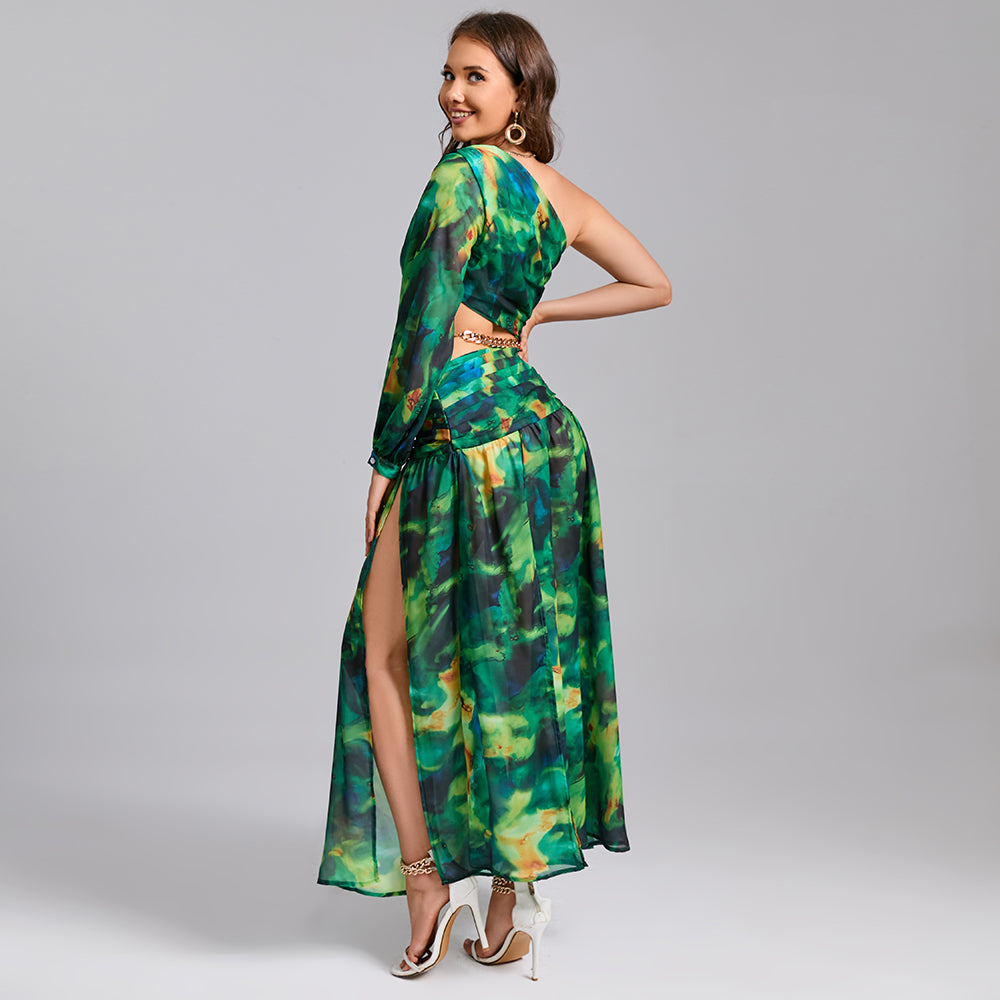 Spring and summer new oblique shoulder exposed waist sexy high fork printed dress