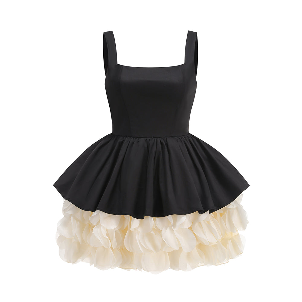 Retro black and white contrast square neck tutu party evening dress high-end suspender dress
