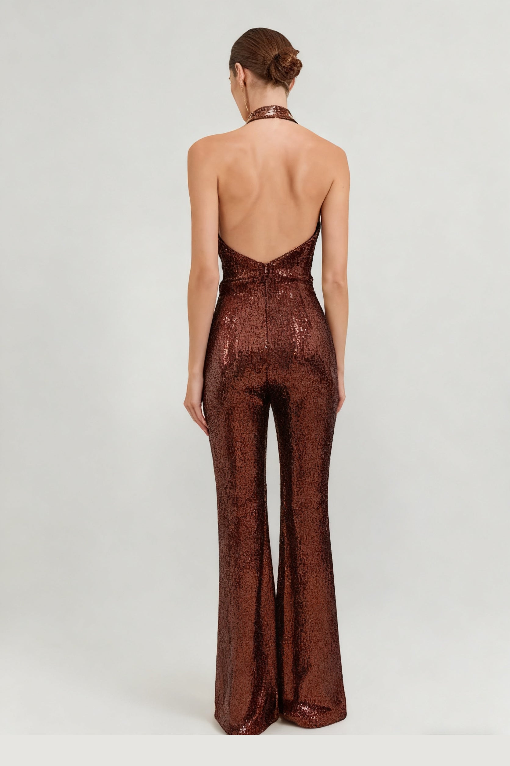 Sequined halterneck sexy deep V high waist flared jumpsuit party outfit