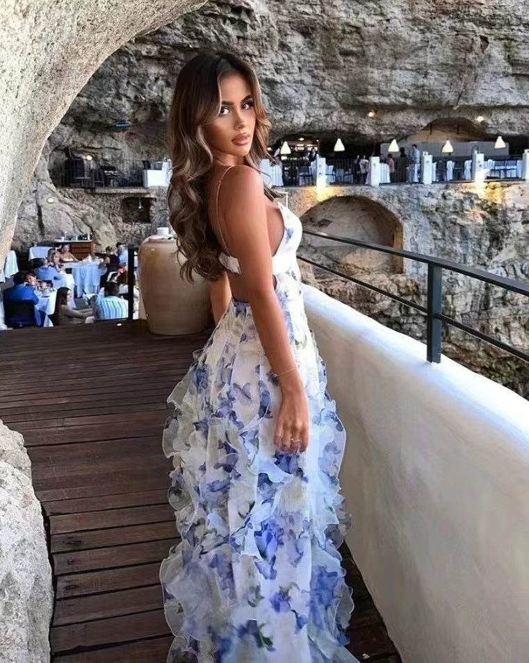 Floral low-cut French summer sundress maxi dress
