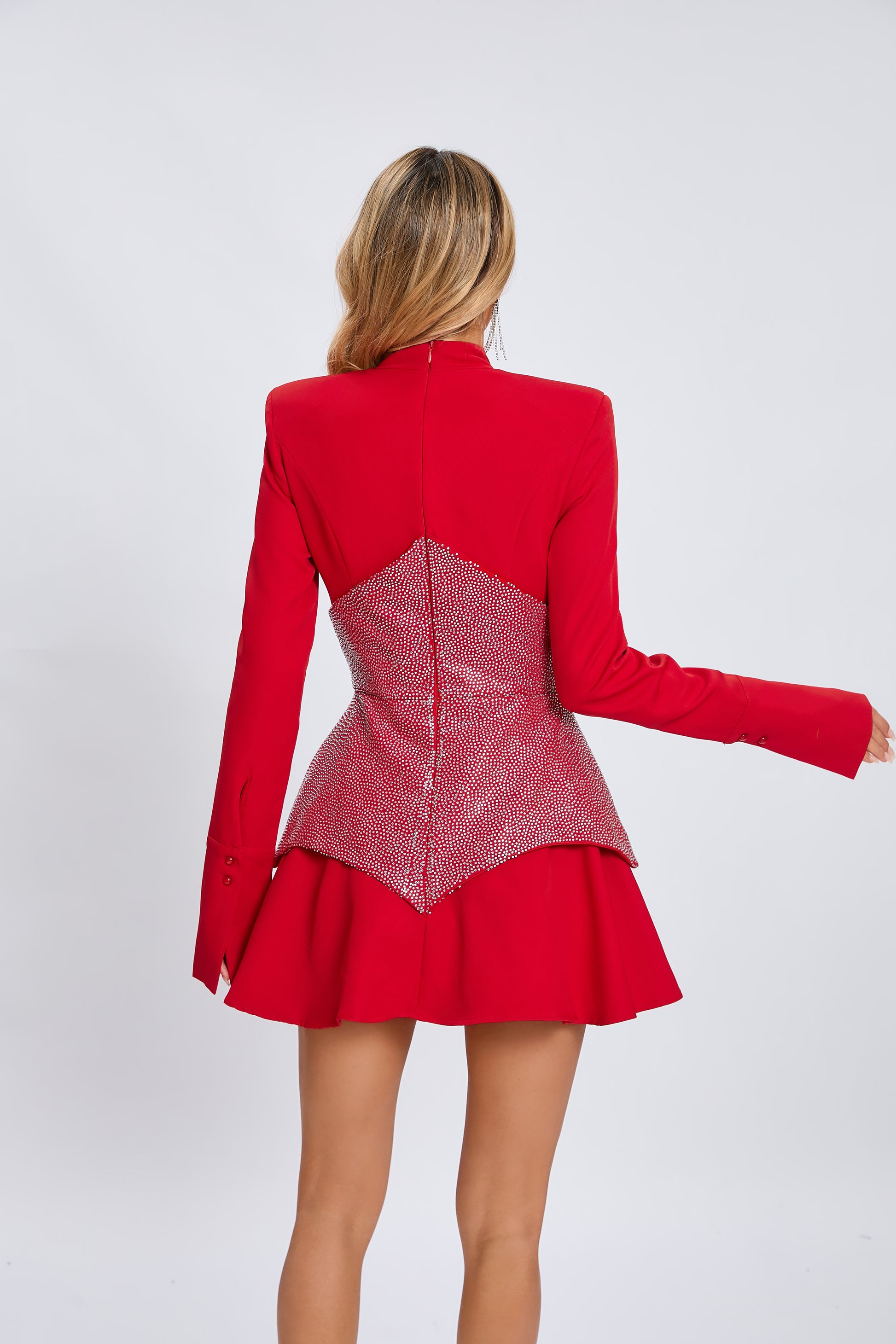 Stand collar long sleeve sequin contrast color slim fit patchwork dress