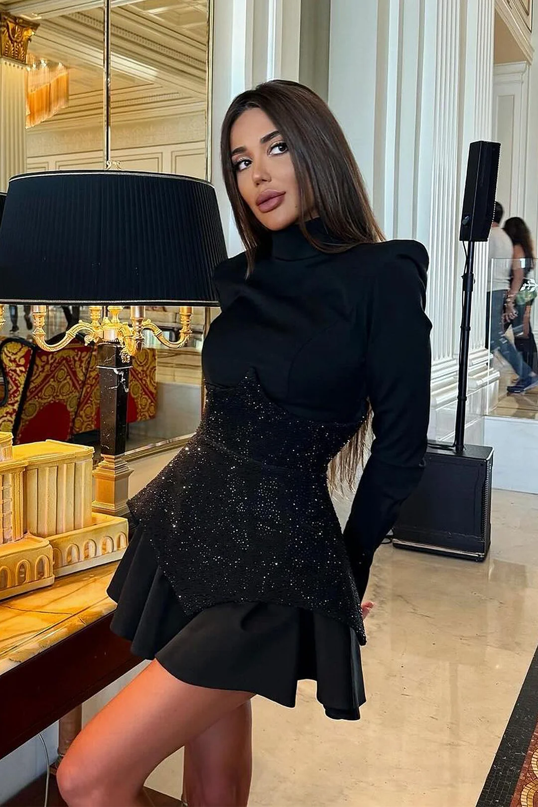 Stand collar long sleeve sequin contrast color slim fit patchwork dress