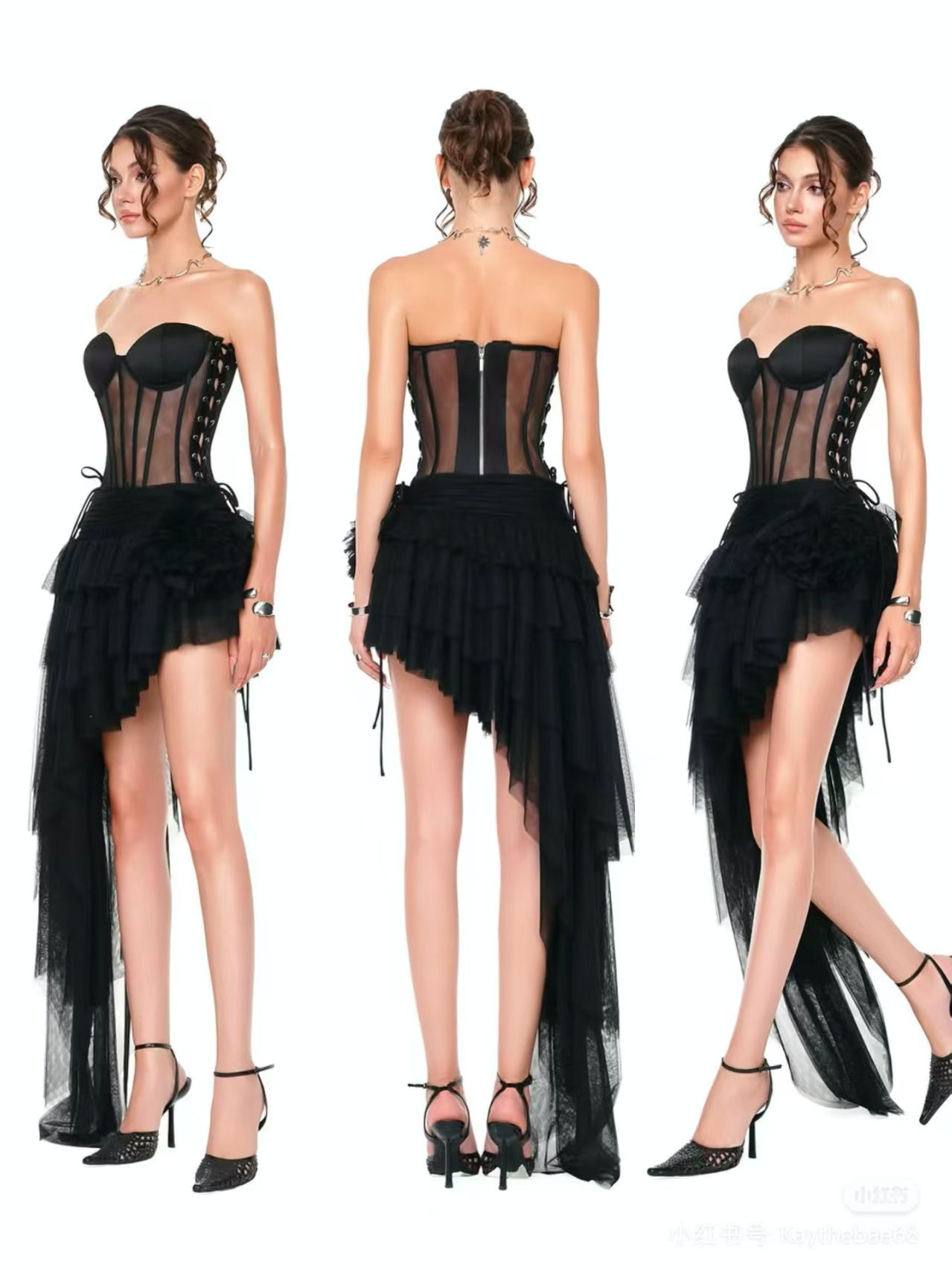 Strapless fishbone top lace lace irregular skirt suit dress