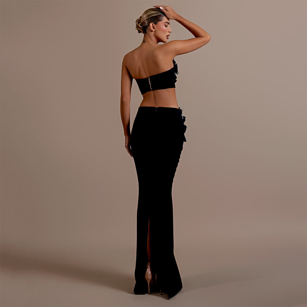 Diamond-embellished strapless top and high-waisted skirt, a two-piece party dress