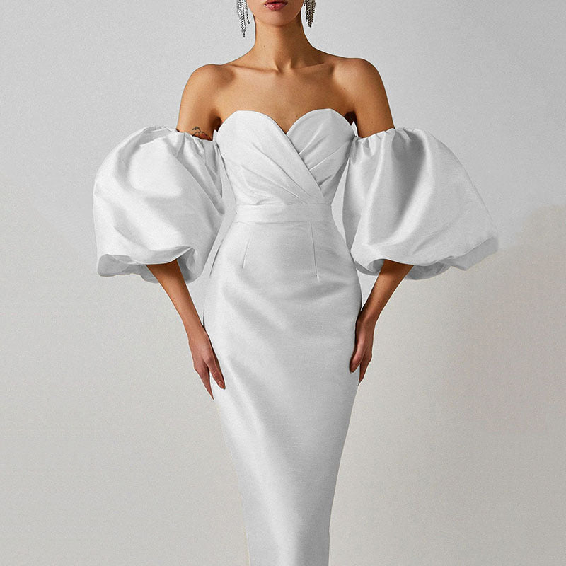 Black bandeau dress with large puff sleeves party dress female fashion dress mid-length skirt