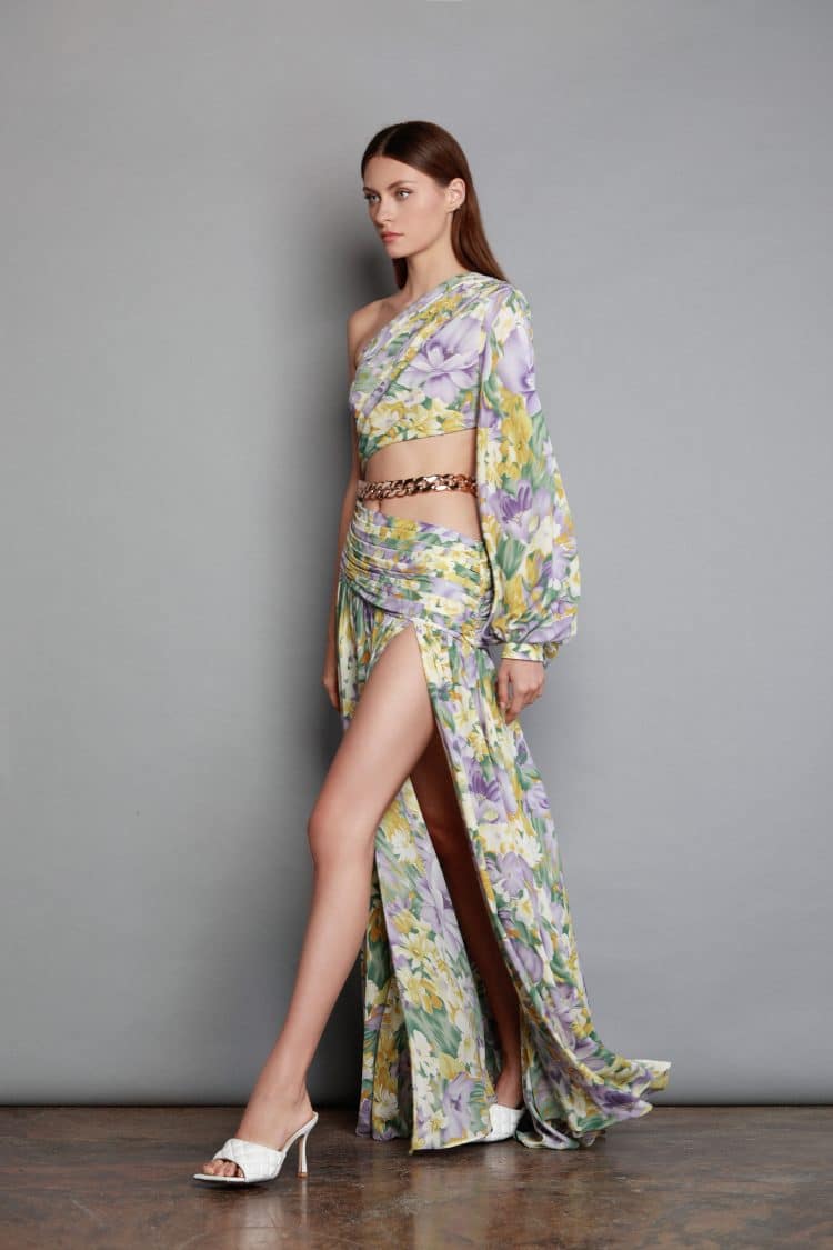 Spring and summer new oblique shoulder exposed waist sexy high fork printed dress