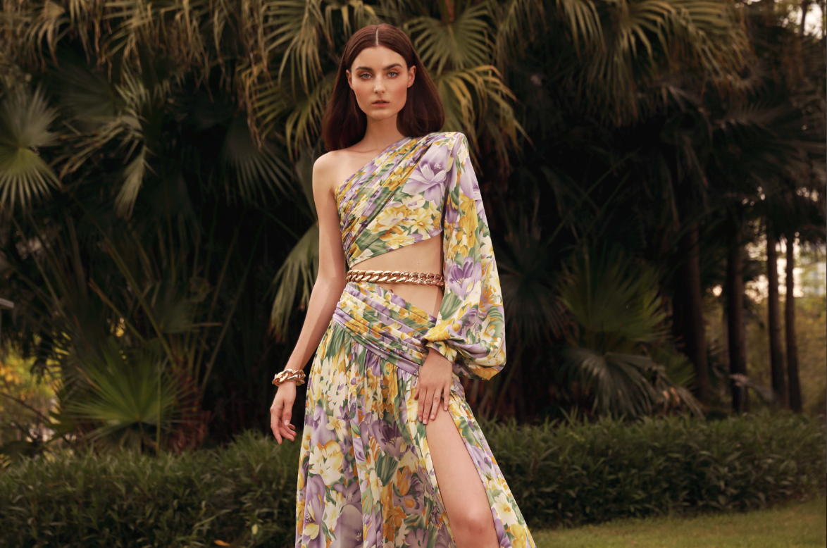 Spring and summer new oblique shoulder exposed waist sexy high fork printed dress