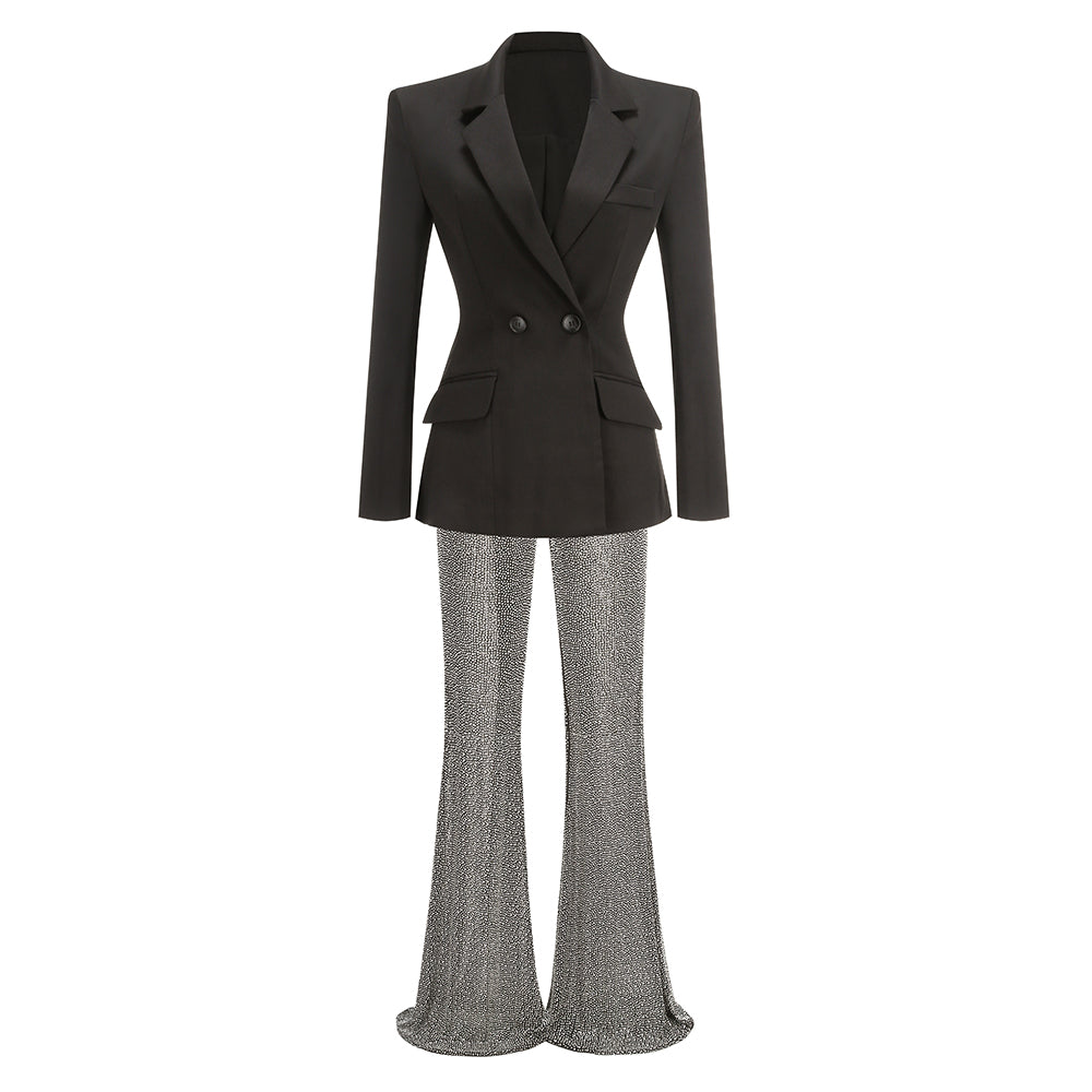 Sexy V-neck suit jacket with hot diamonds and heavy-duty trousers, fashionable and light luxury two-piece suit for women