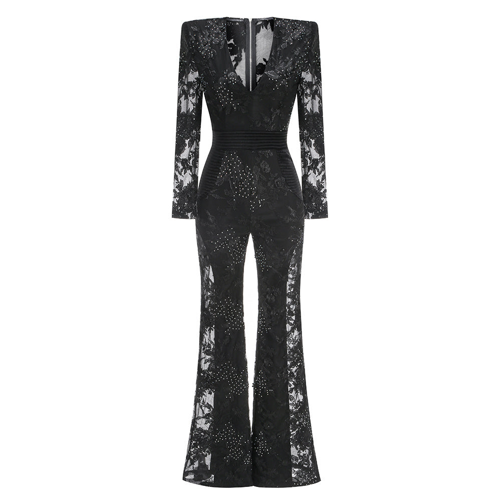 V-neck one-piece lace diamond long-sleeved sexy evening dress