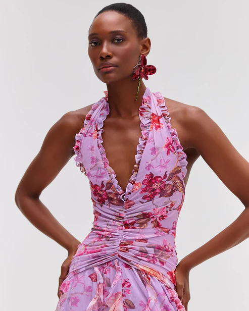 Sweet sleeveless halterneck floral sexy lotus leaf long dress