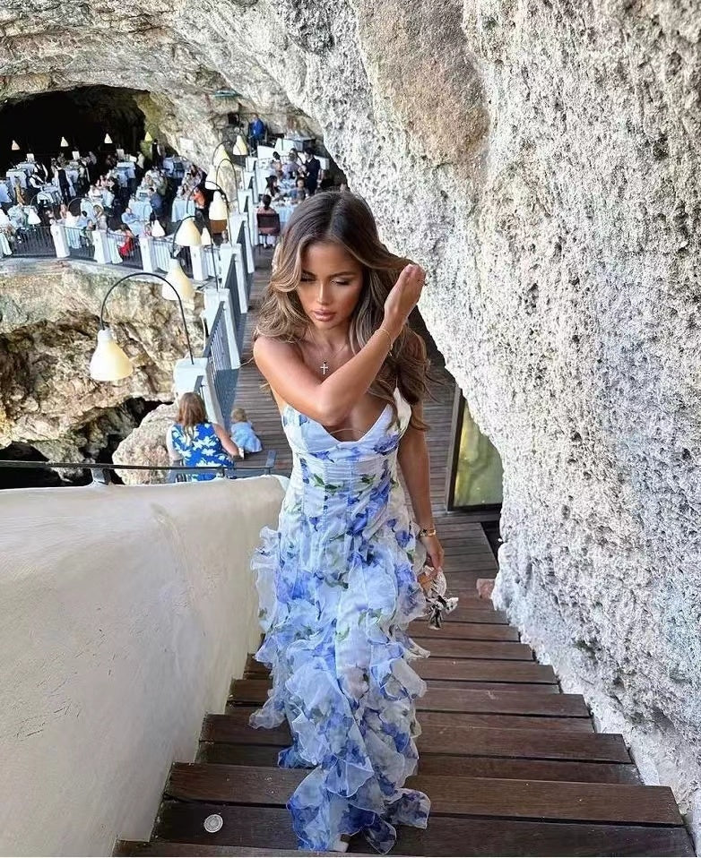 Floral low-cut French summer sundress maxi dress