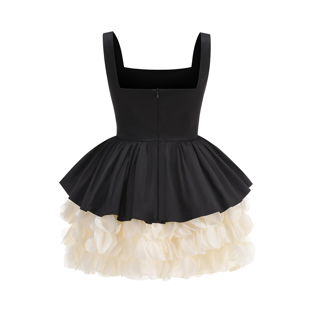 Retro black and white contrast square neck tutu party evening dress high-end suspender dress