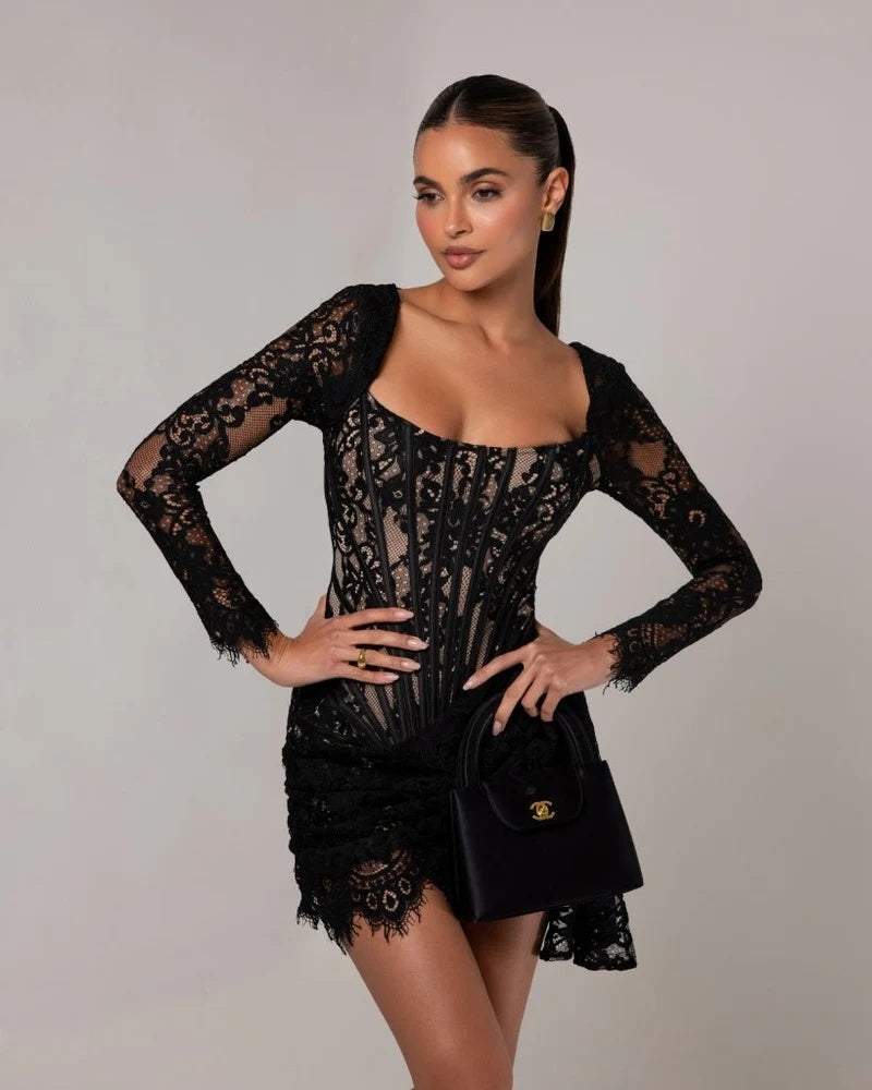 Long-sleeved sexy lace mesh fishbone waist dress
