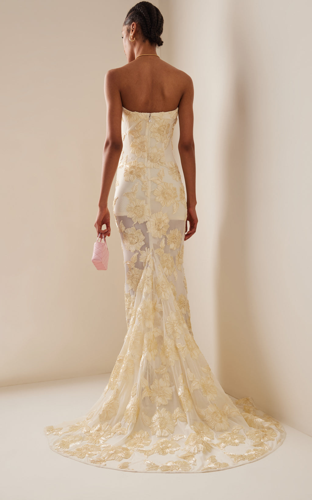 Deliyn Strapless Embroidery Flower Mesh Maxi Dress