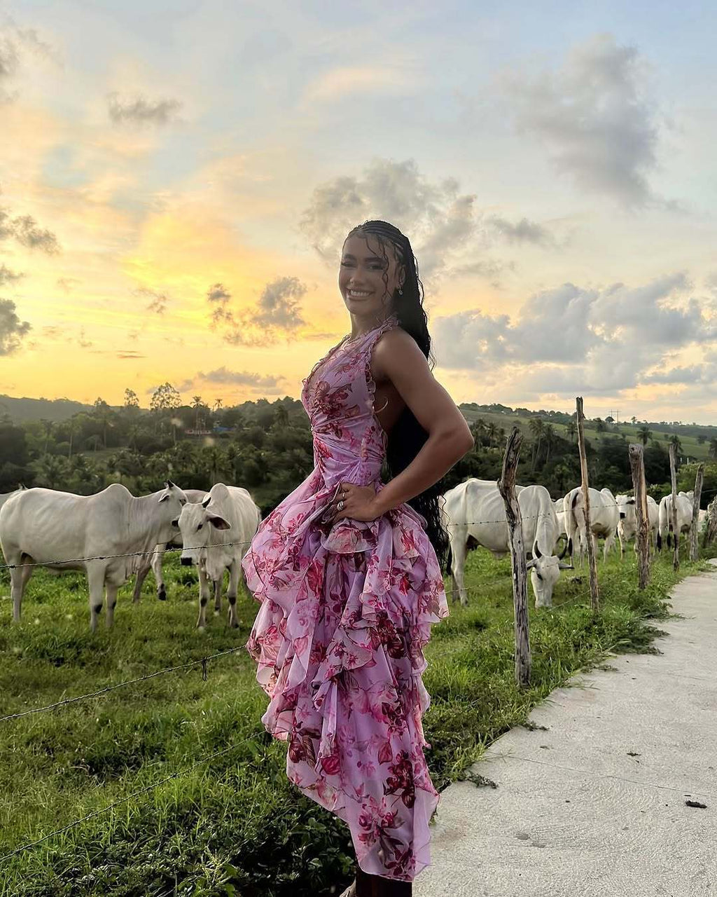 Sweet sleeveless halterneck floral sexy lotus leaf long dress