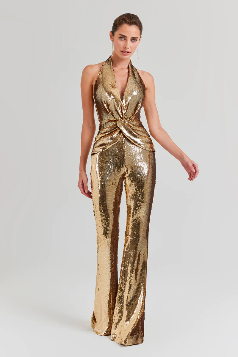 Sequined halterneck sexy deep V high waist flared jumpsuit party outfit