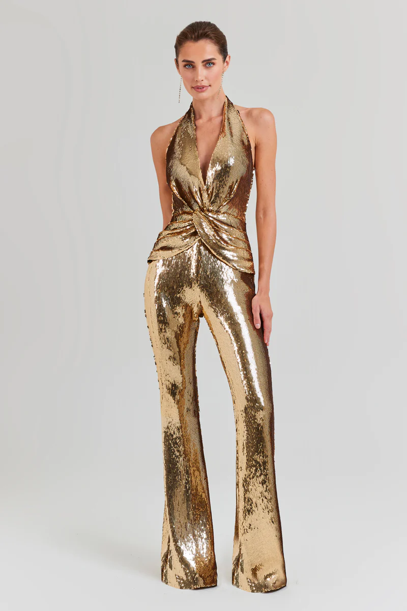 Sequined halterneck sexy deep V high waist flared jumpsuit party outfit