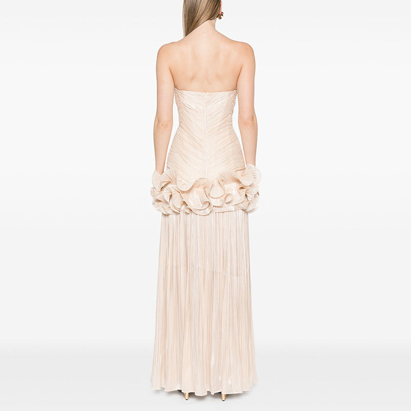 French-style elegant evening gown, sleeveless strapless, sophisticated patchwork long dress