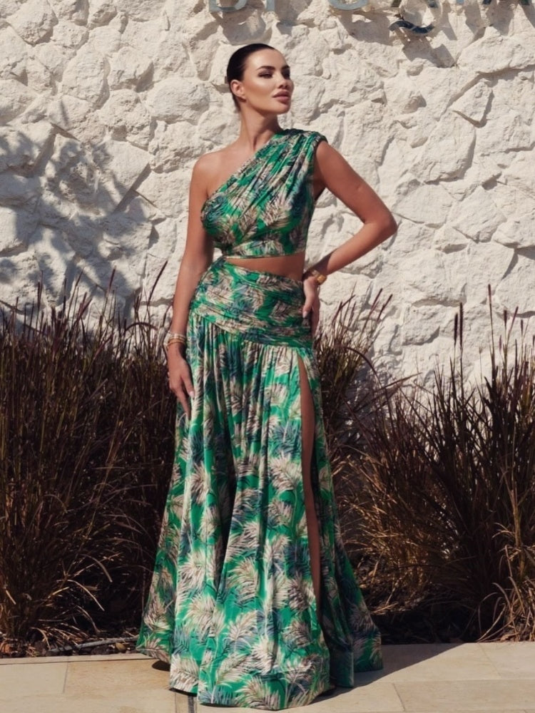 Holiday style one-shoulder two-piece high waist slit maxi dress evening party suit dress