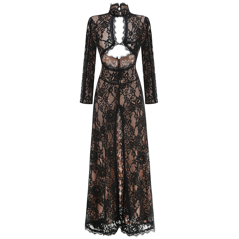 Black Deep V-neck lace long-sleeved see-through tight-fitting slit maxi dress