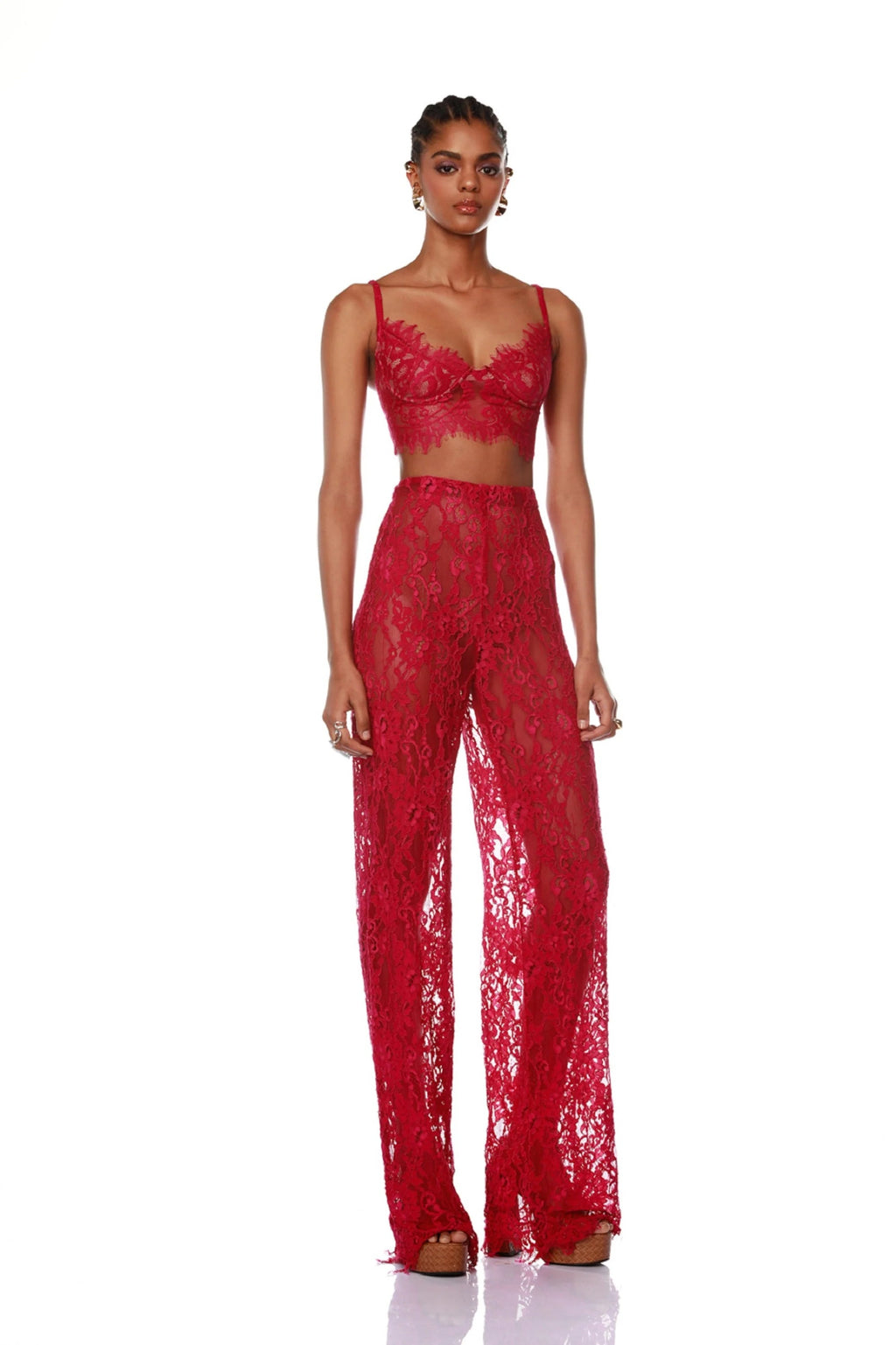 One-button suit, bra, flared trousers, three-piece suit, mesh lace dress