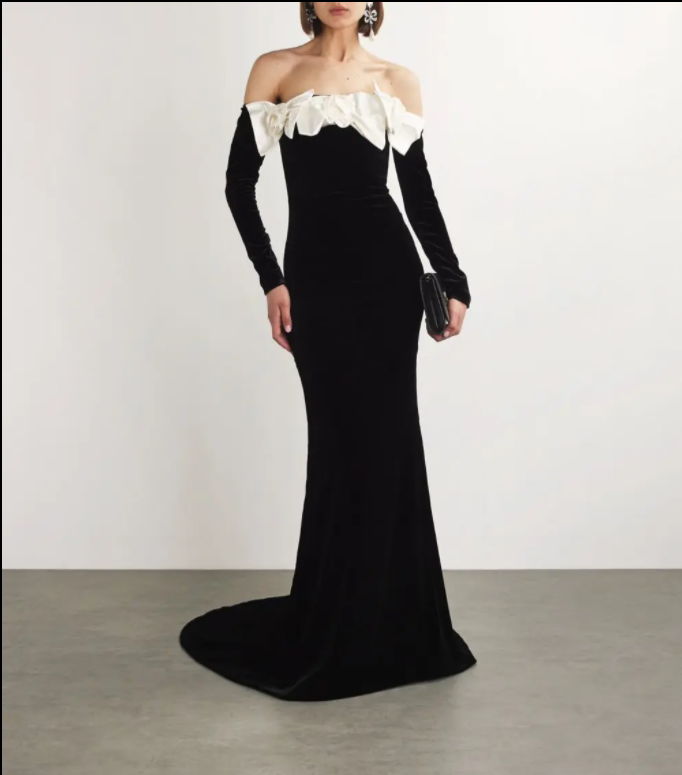 Yamaly Flower One Shoulder Maxi Dress - Black