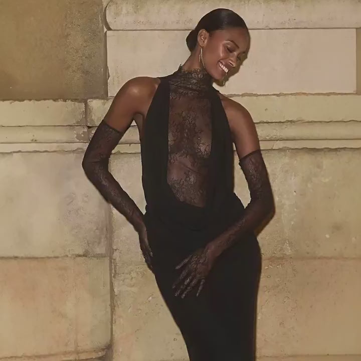 Halter neck deep V lace long sleeve patchwork dress