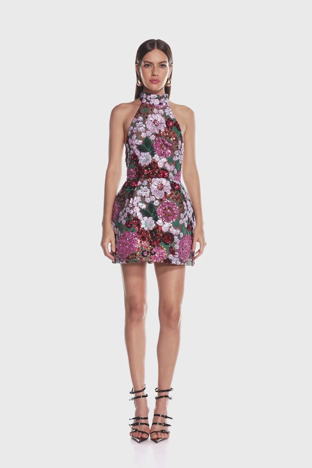 High-neck halterneck sequin embroidered sleeveless backless dress