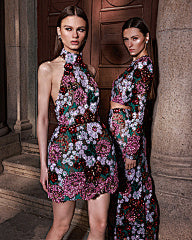 High-neck halterneck sequin embroidered sleeveless backless dress