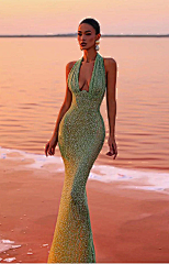 Sleeveless deep V halterneck dress